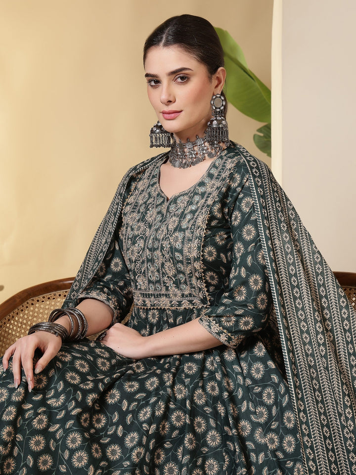 Cotton Printed Embroidered Calf Length Round Neck Anarkali Kurta, Palazzo With Dupatta Set