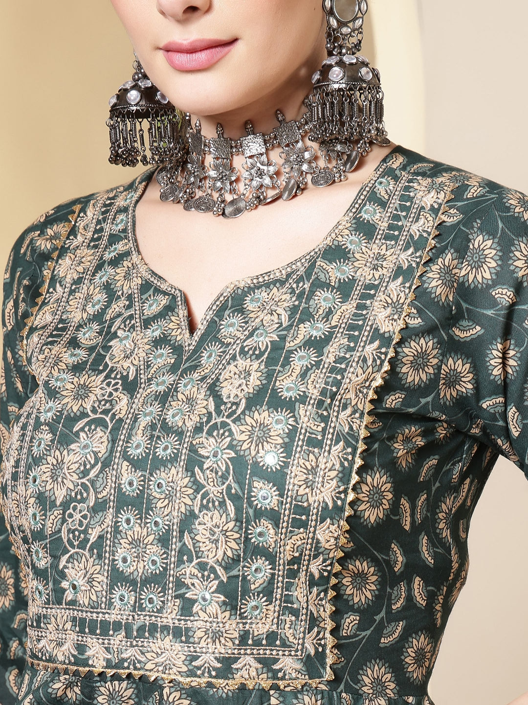 Cotton Printed Embroidered Calf Length Round Neck Anarkali Kurta, Palazzo With Dupatta Set