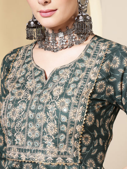 Cotton Printed Embroidered Calf Length Round Neck Anarkali Kurta, Palazzo With Dupatta Set