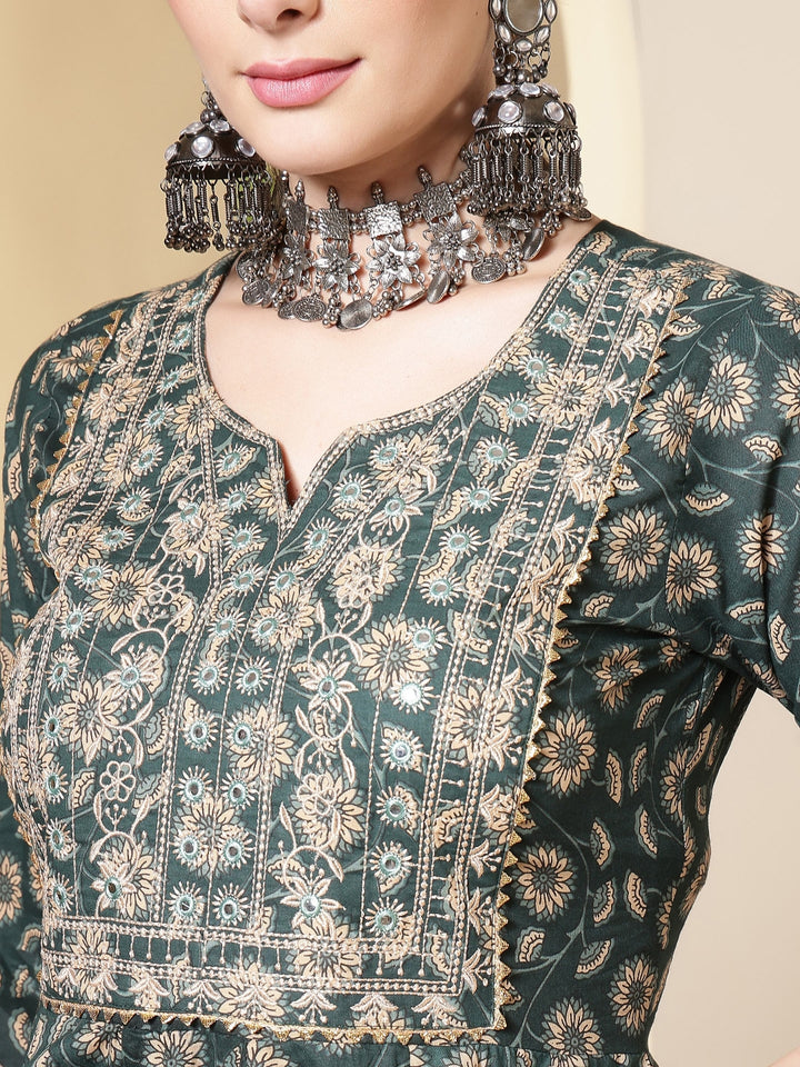 Cotton Printed Embroidered Calf Length Round Neck Anarkali Kurta, Palazzo With Dupatta Set
