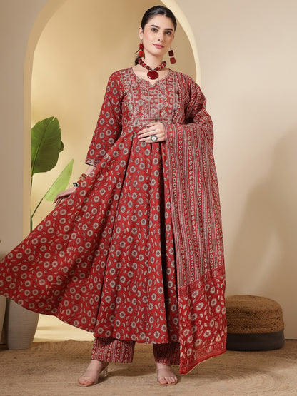 Cotton Printed Embroidered Calf Length Round Neck Anarkali Kurta, Palazzo With Dupatta Set