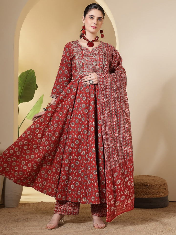 Cotton Printed Embroidered Calf Length Round Neck Anarkali Kurta, Palazzo With Dupatta Set