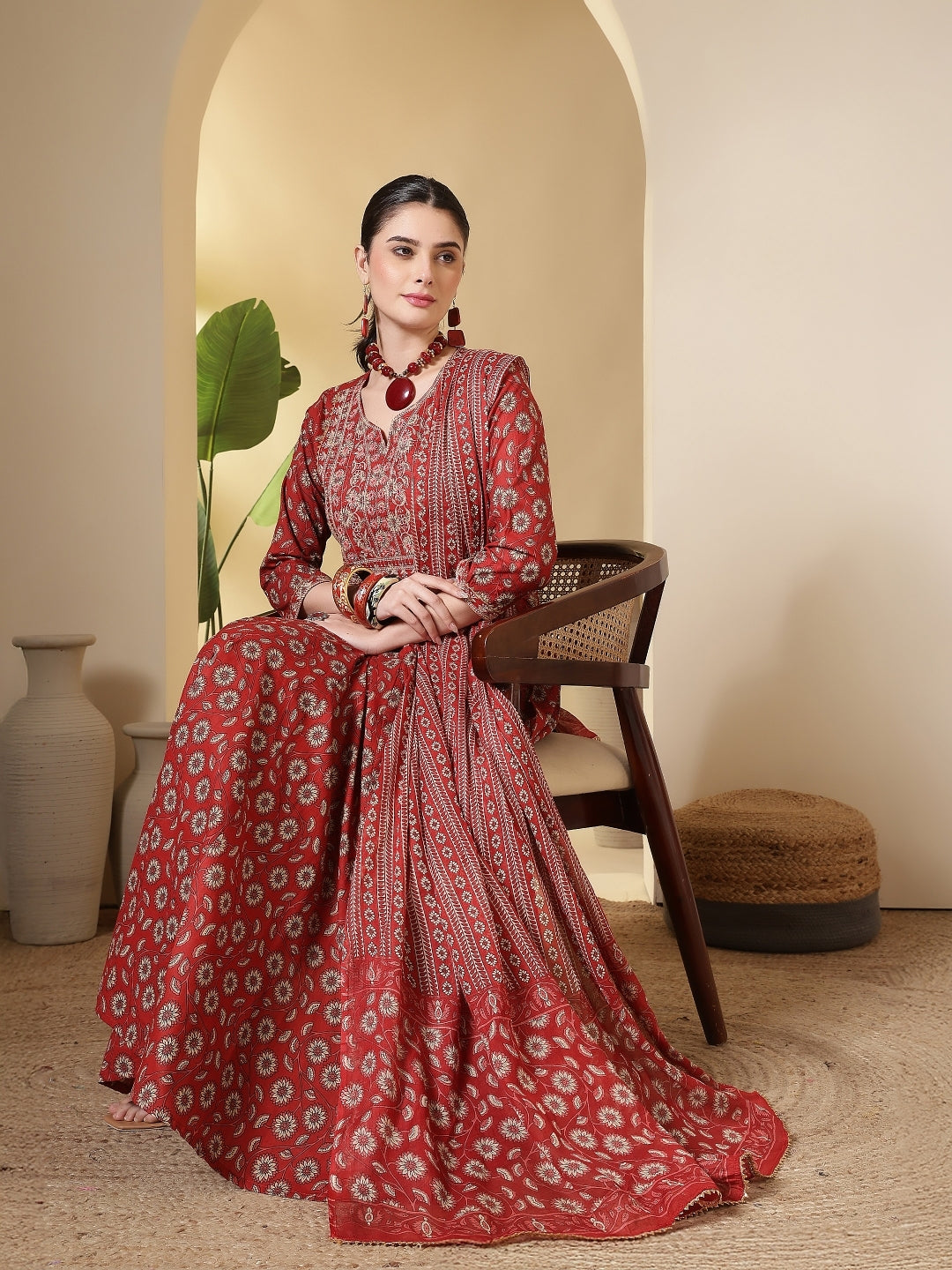 Cotton Printed Embroidered Calf Length Round Neck Anarkali Kurta, Palazzo With Dupatta Set