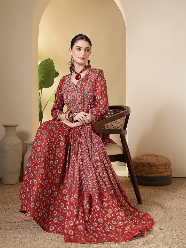 Cotton Printed Embroidered Calf Length Round Neck Anarkali Kurta, Palazzo With Dupatta Set