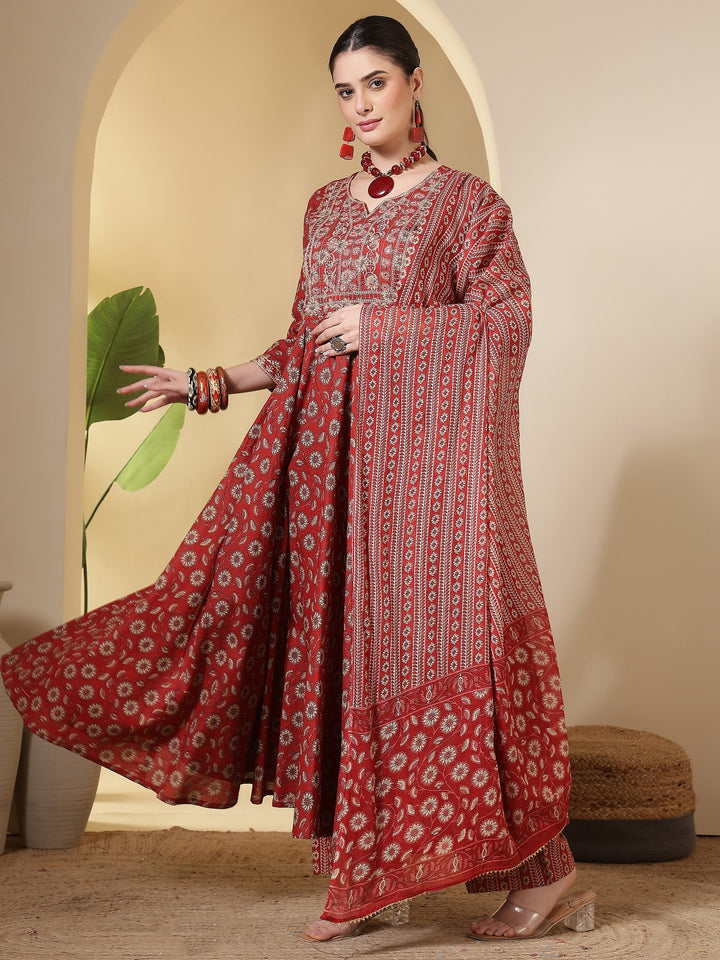 Cotton Printed Embroidered Calf Length Round Neck Anarkali Kurta, Palazzo With Dupatta Set