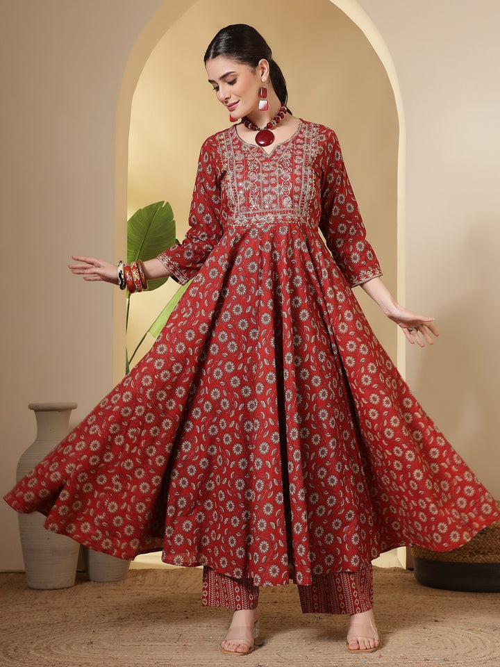 Cotton Printed Embroidered Calf Length Round Neck Anarkali Kurta, Palazzo With Dupatta Set