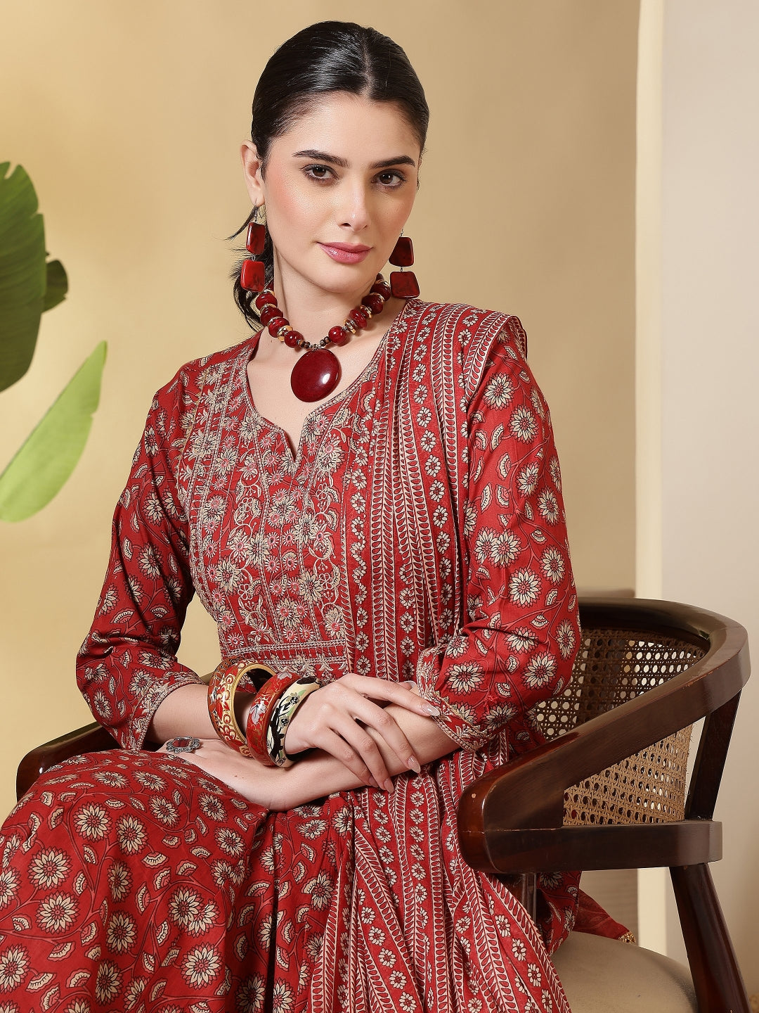 Cotton Printed Embroidered Calf Length Round Neck Anarkali Kurta, Palazzo With Dupatta Set