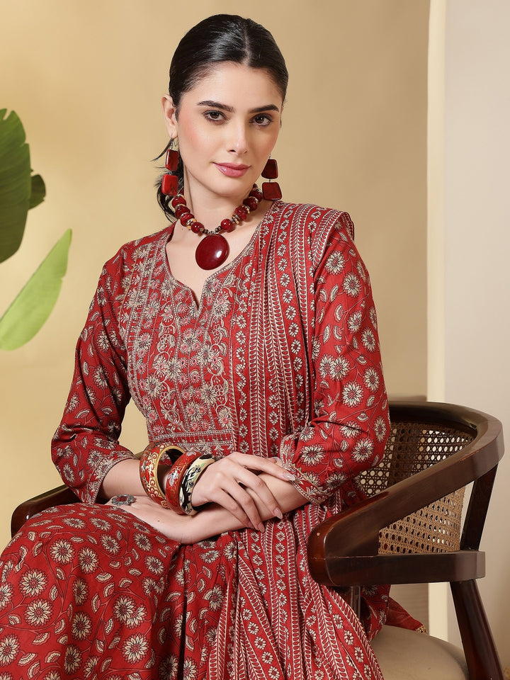 Cotton Printed Embroidered Calf Length Round Neck Anarkali Kurta, Palazzo With Dupatta Set