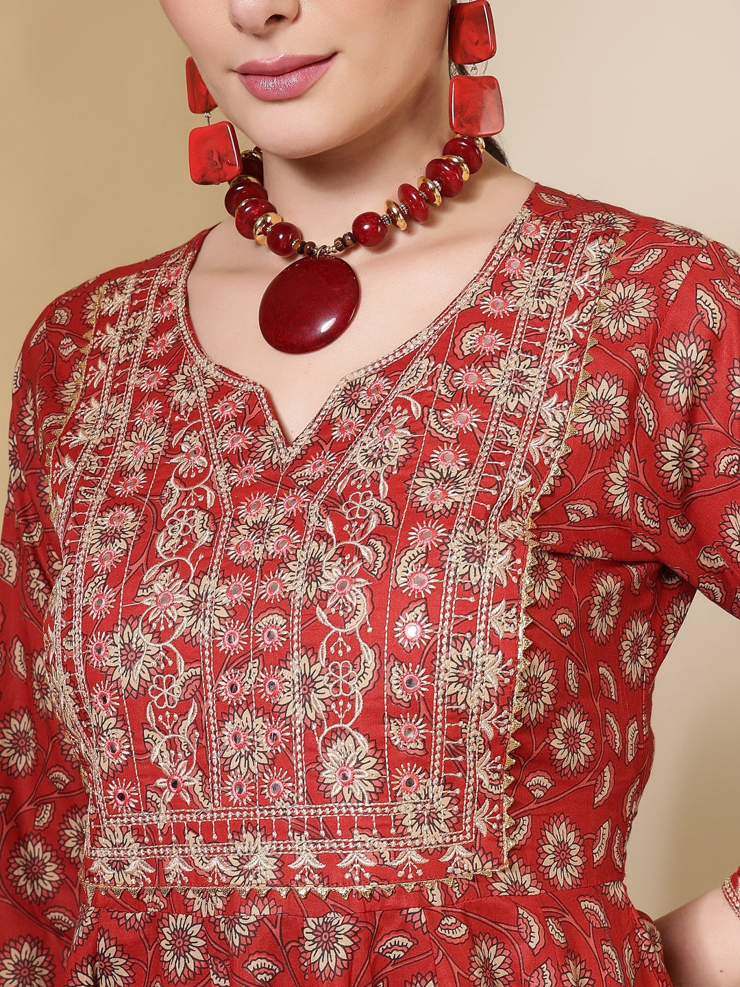 Cotton Printed Embroidered Calf Length Round Neck Anarkali Kurta, Palazzo With Dupatta Set