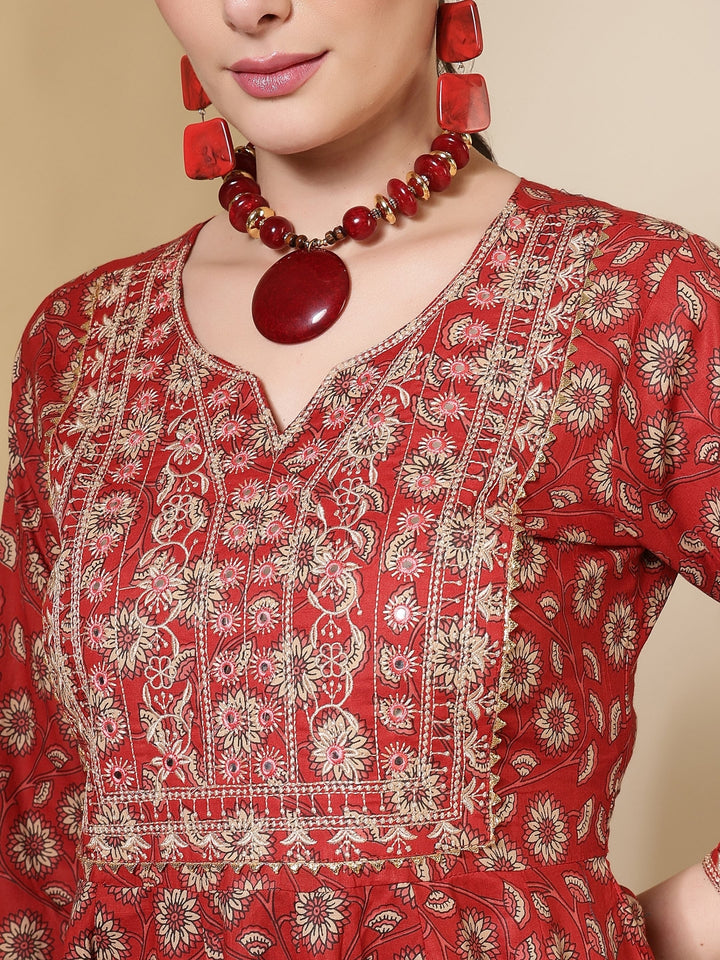 Cotton Printed Embroidered Calf Length Round Neck Anarkali Kurta, Palazzo With Dupatta Set