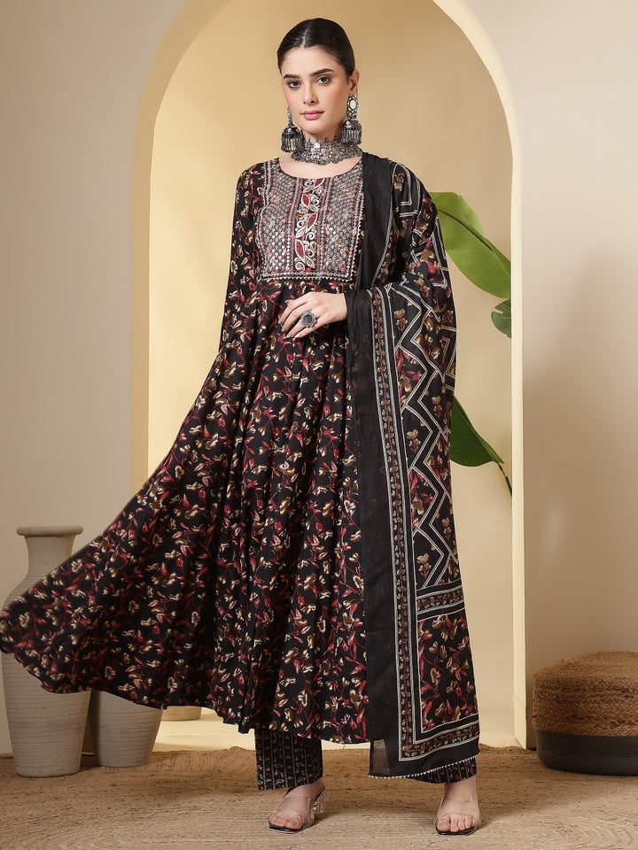 Cotton Printed Embroidered Calf Length Round Neck Anarkali Kurta, Palazzo With Dupatta Set
