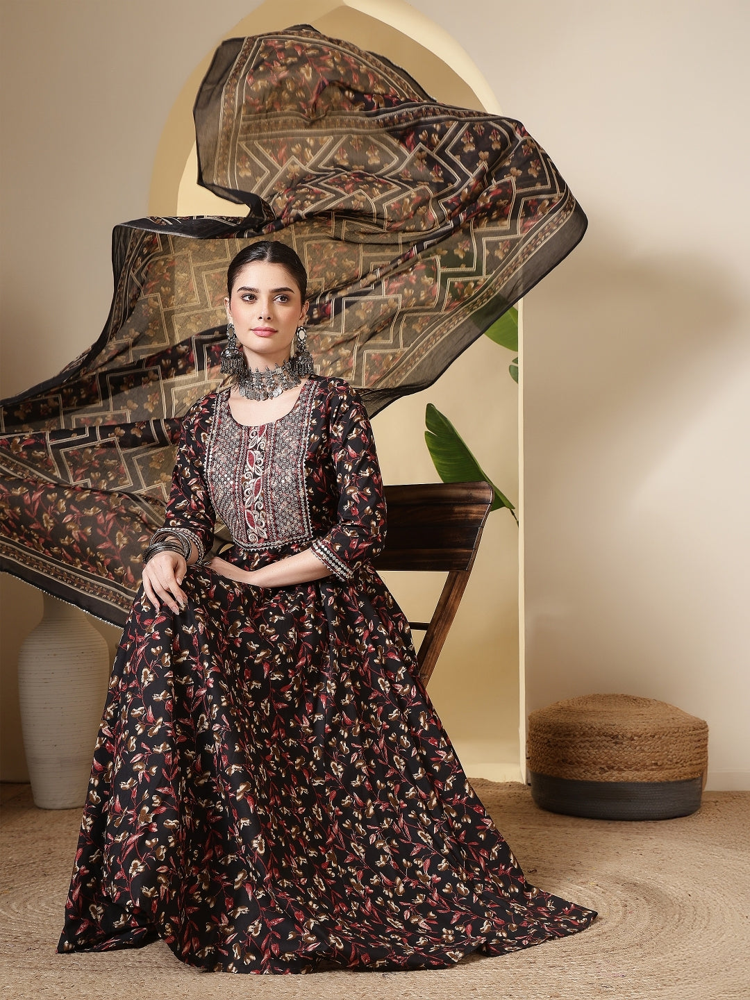 Cotton Printed Embroidered Calf Length Round Neck Anarkali Kurta, Palazzo With Dupatta Set