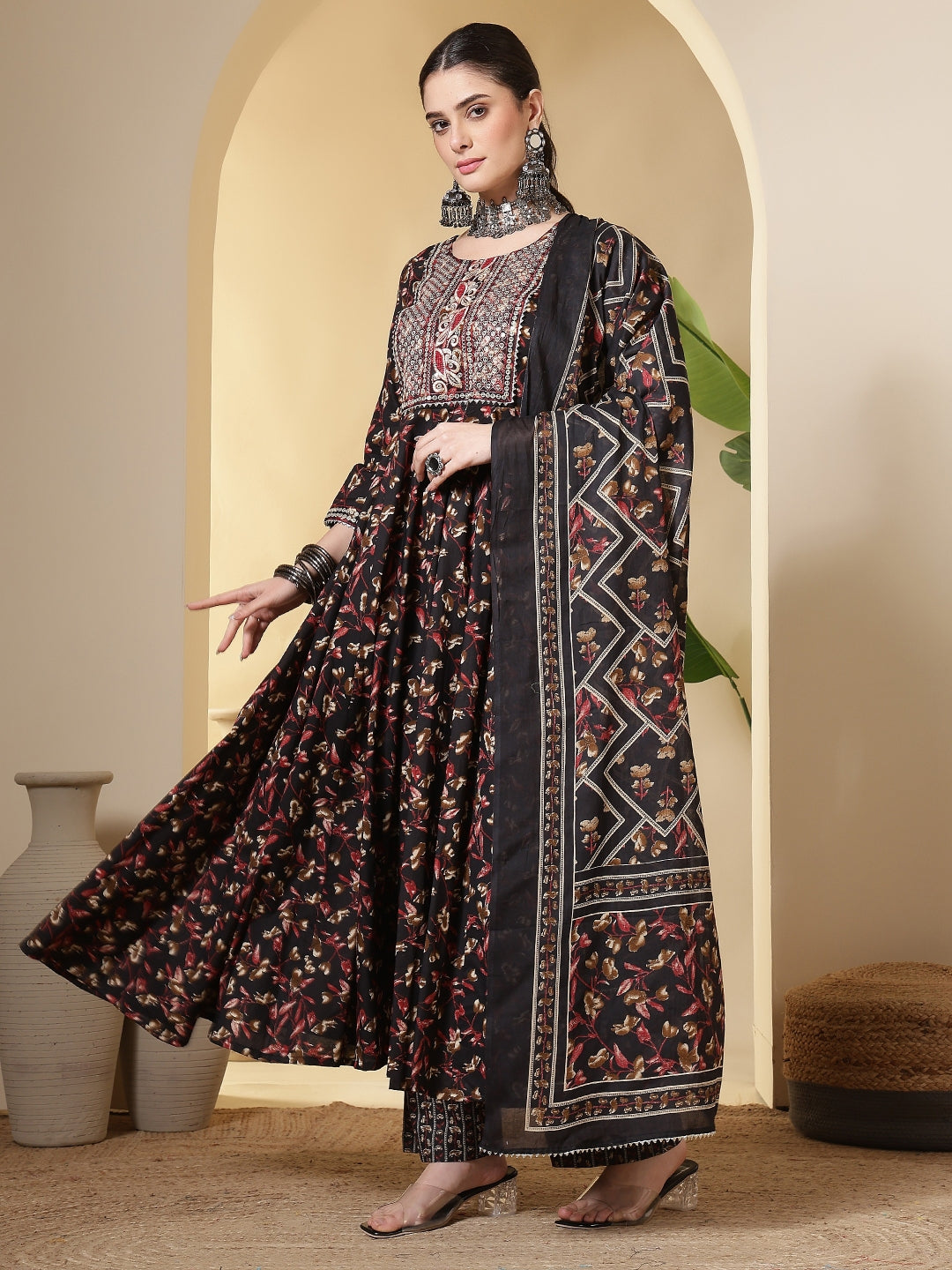 Cotton Printed Embroidered Calf Length Round Neck Anarkali Kurta, Palazzo With Dupatta Set