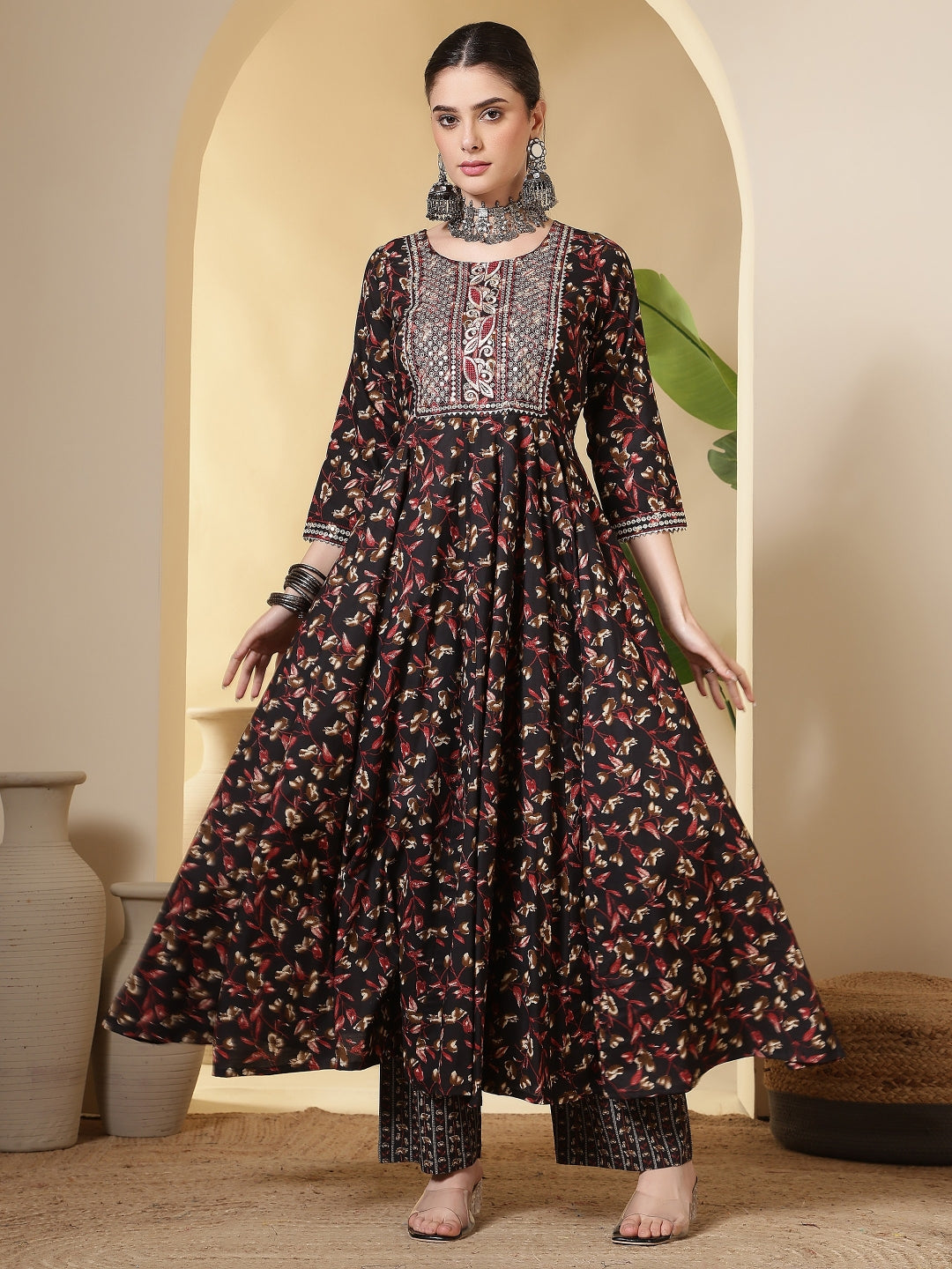 Cotton Printed Embroidered Calf Length Round Neck Anarkali Kurta, Palazzo With Dupatta Set