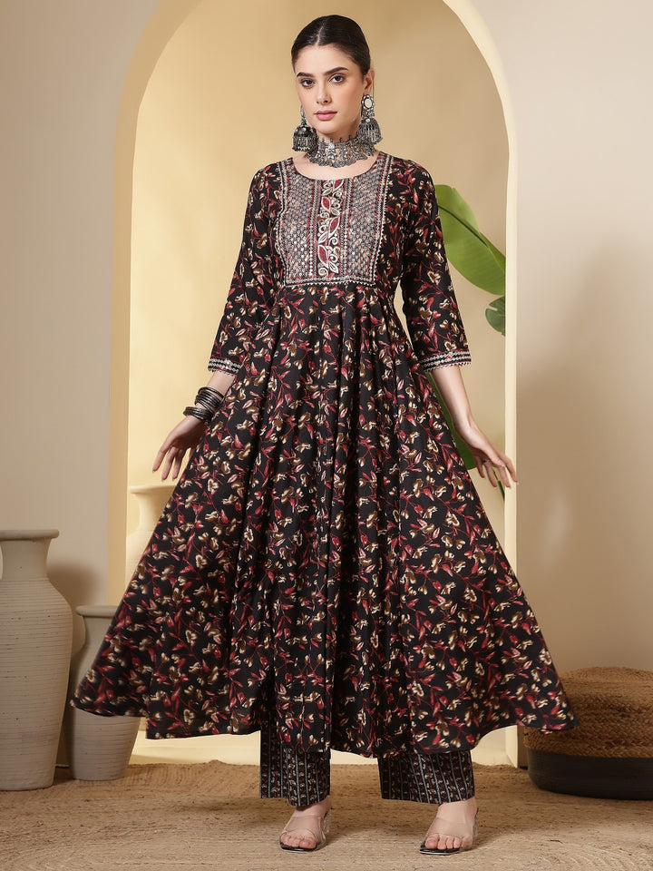 Cotton Printed Embroidered Calf Length Round Neck Anarkali Kurta, Palazzo With Dupatta Set