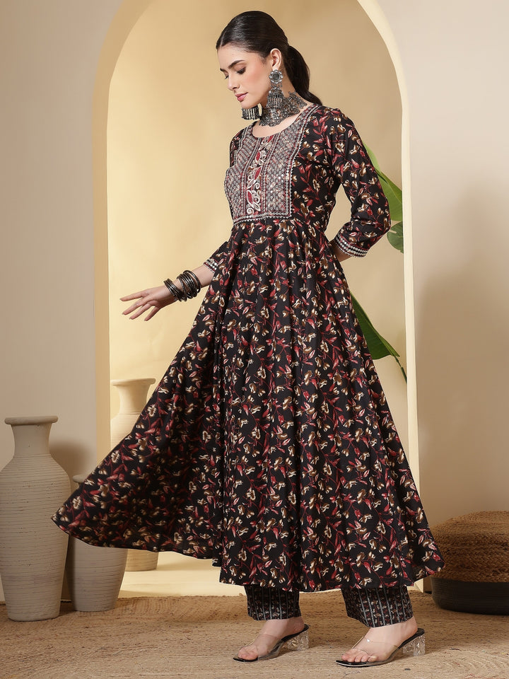 Cotton Printed Embroidered Calf Length Round Neck Anarkali Kurta, Palazzo With Dupatta Set