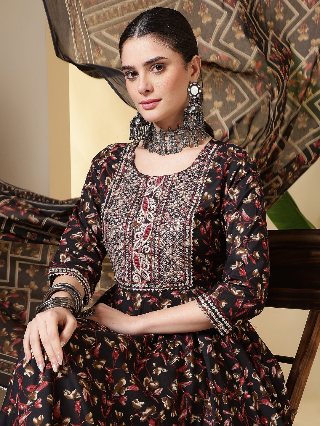 Cotton Printed Embroidered Calf Length Round Neck Anarkali Kurta, Palazzo With Dupatta Set