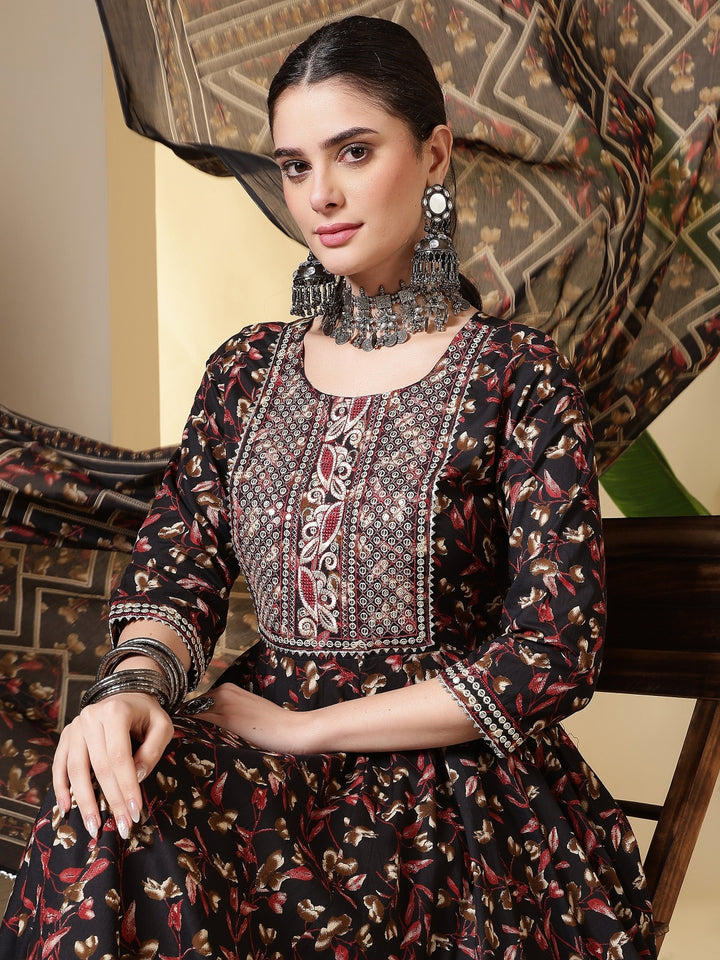 Cotton Printed Embroidered Calf Length Round Neck Anarkali Kurta, Palazzo With Dupatta Set