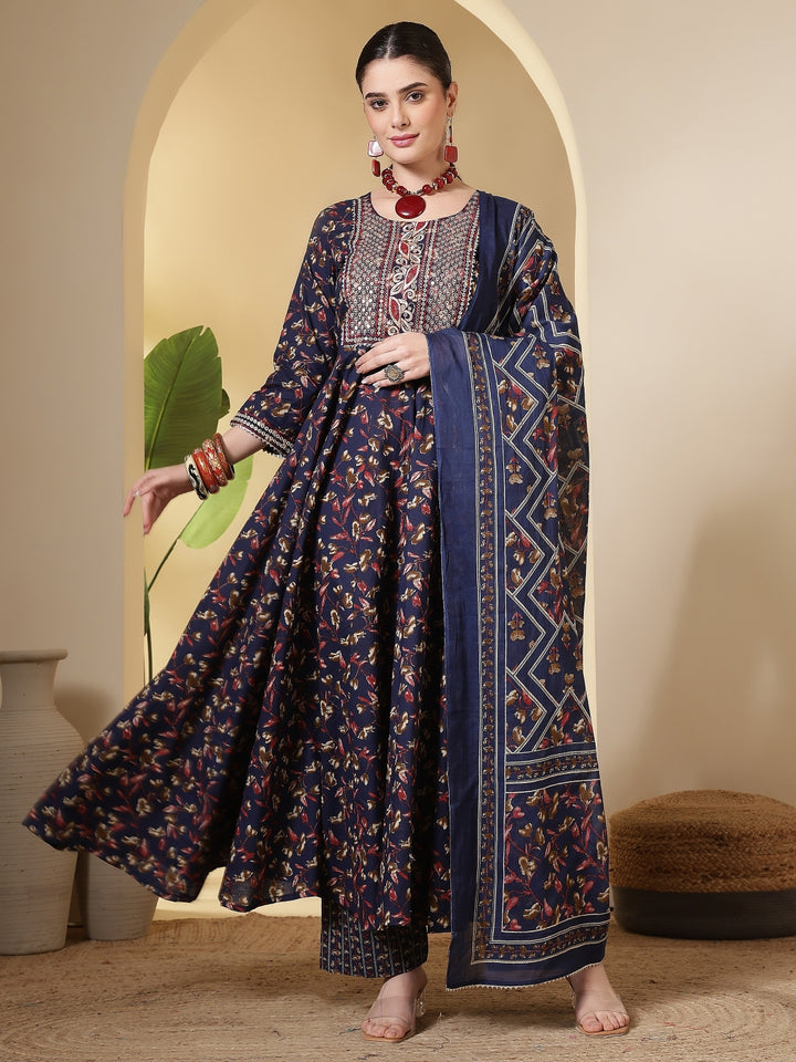 Cotton Printed Embroidered Calf Length Round Neck Anarkali Kurta, Palazzo With Dupatta Set