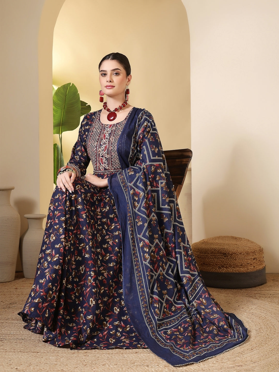 Cotton Printed Embroidered Calf Length Round Neck Anarkali Kurta, Palazzo With Dupatta Set