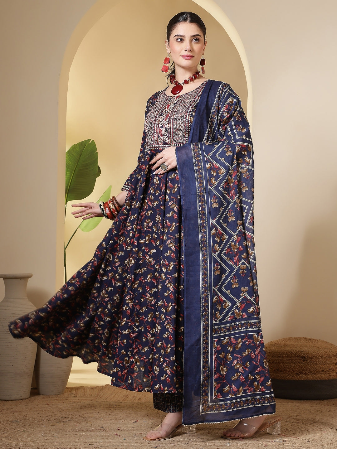 Cotton Printed Embroidered Calf Length Round Neck Anarkali Kurta, Palazzo With Dupatta Set