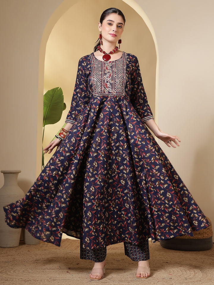 Cotton Printed Embroidered Calf Length Round Neck Anarkali Kurta, Palazzo With Dupatta Set