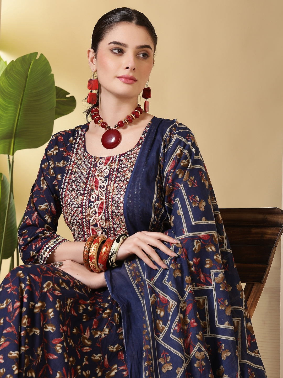Cotton Printed Embroidered Calf Length Round Neck Anarkali Kurta, Palazzo With Dupatta Set