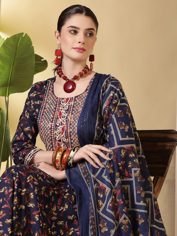 Cotton Printed Embroidered Calf Length Round Neck Anarkali Kurta, Palazzo With Dupatta Set