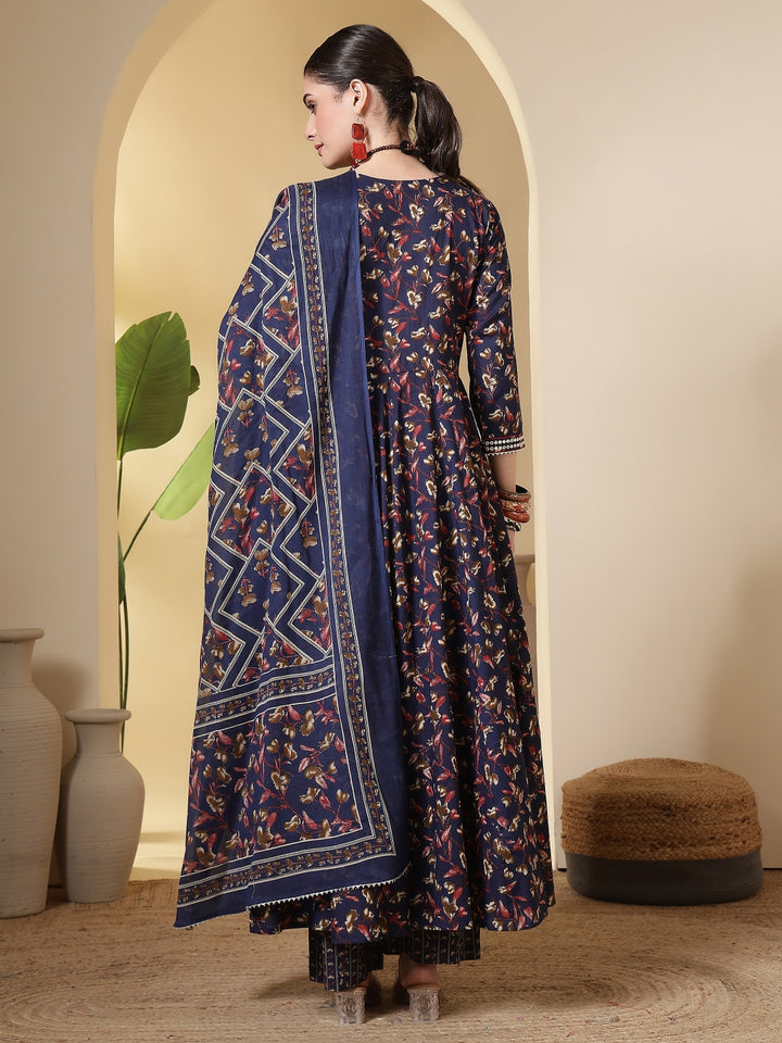 Cotton Printed Embroidered Calf Length Round Neck Anarkali Kurta, Palazzo With Dupatta Set