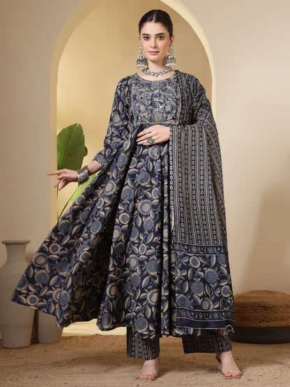 Cotton Printed Embroidered Calf Length Round Neck Anarkali Kurta, Palazzo With Dupatta Set
