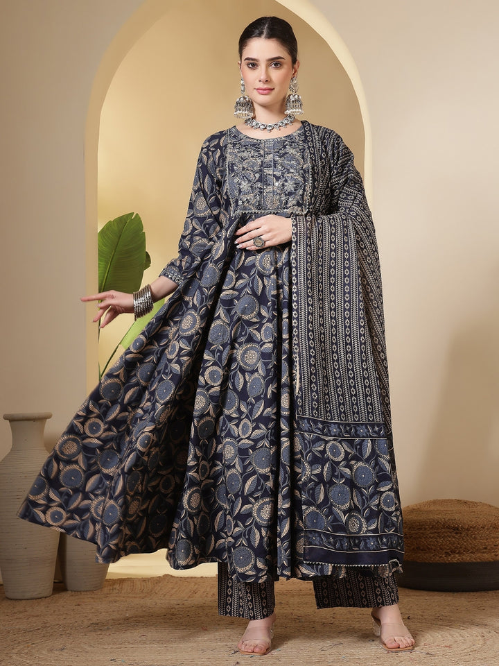 Cotton Printed Embroidered Calf Length Round Neck Anarkali Kurta, Palazzo With Dupatta Set