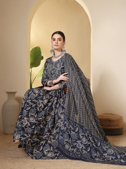 Cotton Printed Embroidered Calf Length Round Neck Anarkali Kurta, Palazzo With Dupatta Set