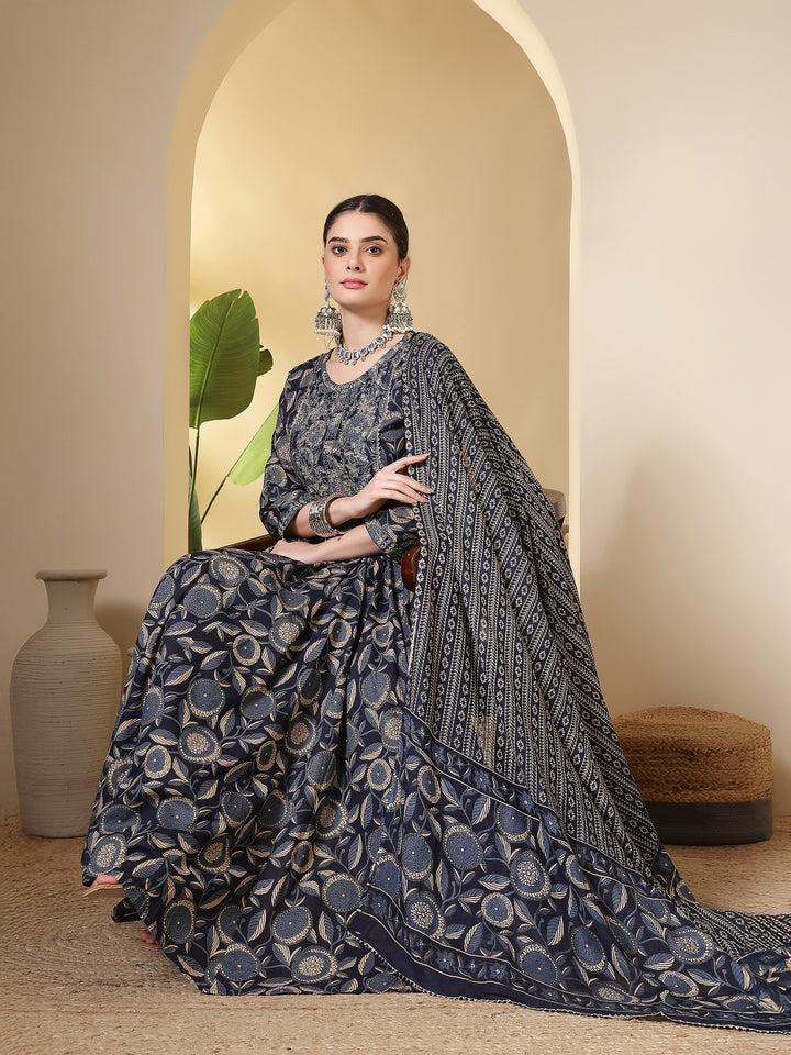 Cotton Printed Embroidered Calf Length Round Neck Anarkali Kurta, Palazzo With Dupatta Set