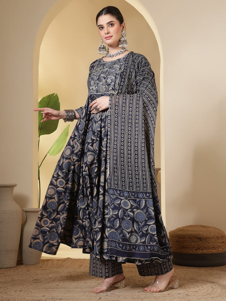 Cotton Printed Embroidered Calf Length Round Neck Anarkali Kurta, Palazzo With Dupatta Set