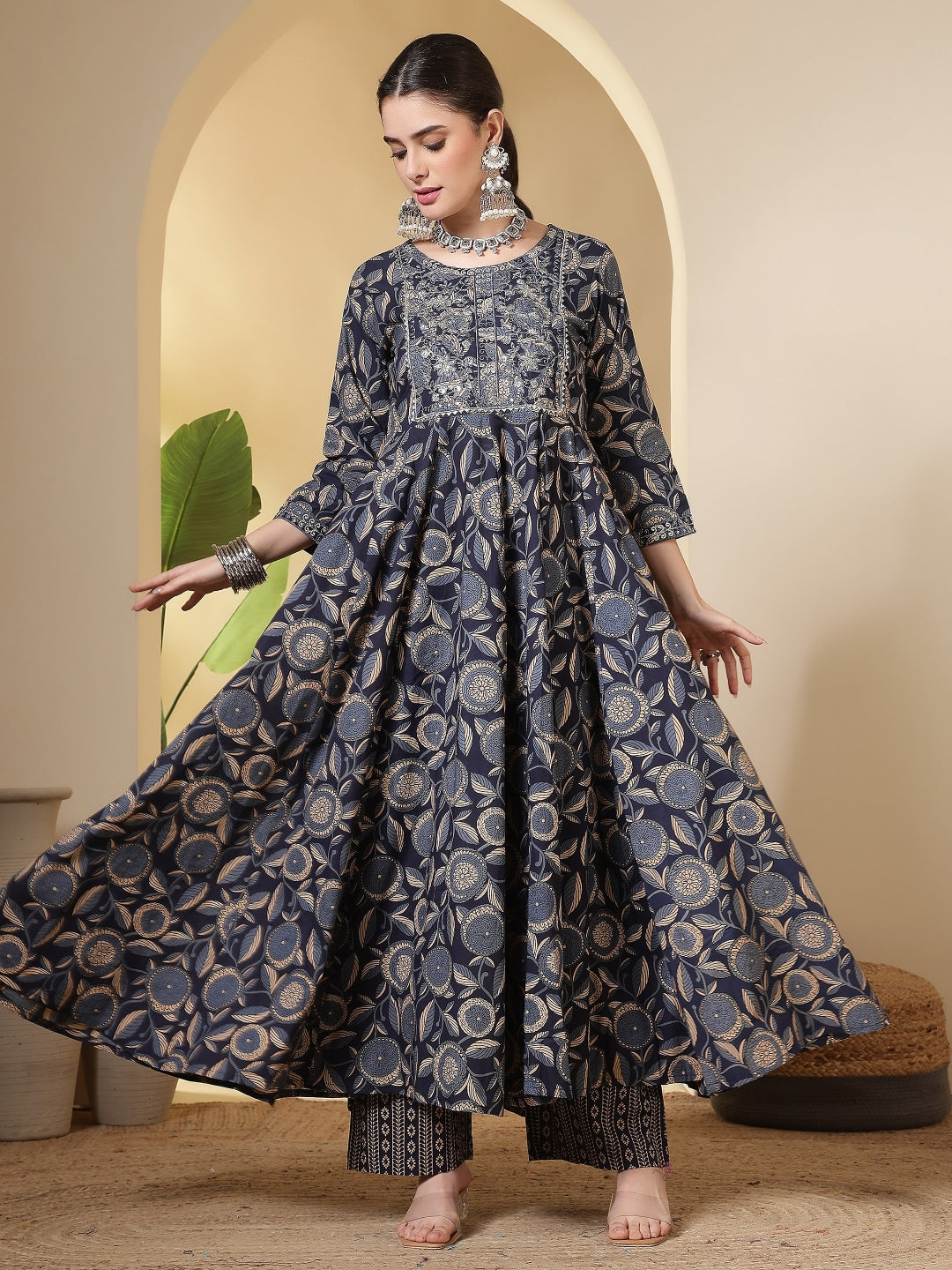 Cotton Printed Embroidered Calf Length Round Neck Anarkali Kurta, Palazzo With Dupatta Set