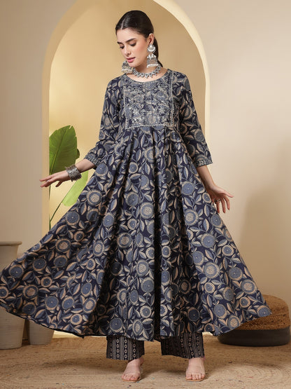 Cotton Printed Embroidered Calf Length Round Neck Anarkali Kurta, Palazzo With Dupatta Set