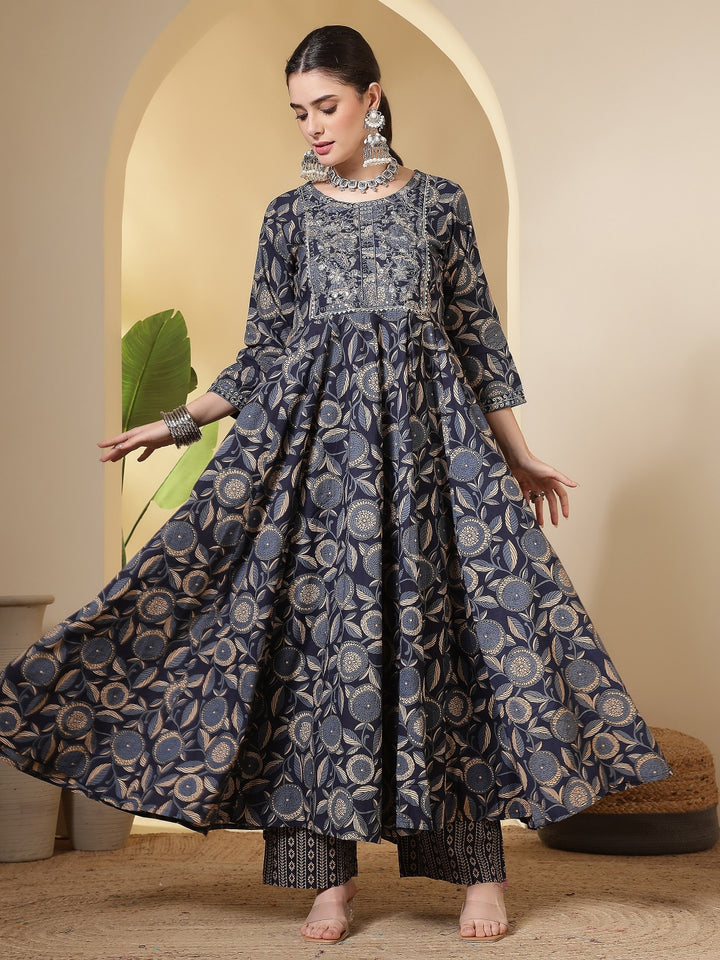 Cotton Printed Embroidered Calf Length Round Neck Anarkali Kurta, Palazzo With Dupatta Set
