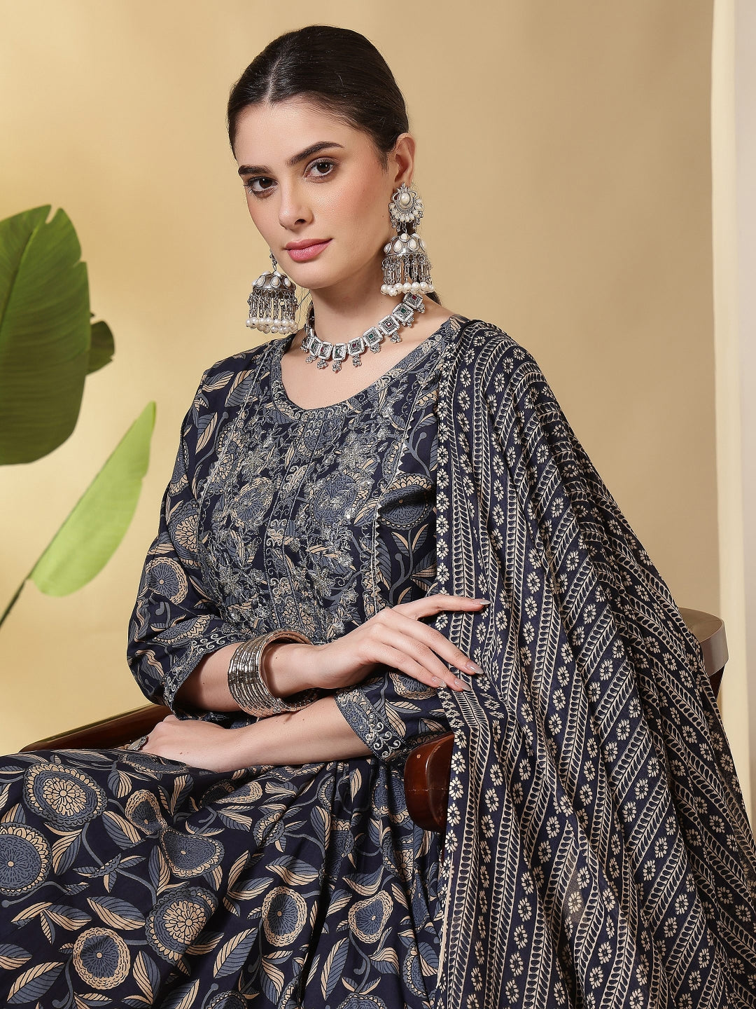 Cotton Printed Embroidered Calf Length Round Neck Anarkali Kurta, Palazzo With Dupatta Set