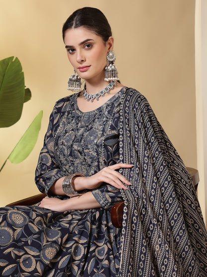 Cotton Printed Embroidered Calf Length Round Neck Anarkali Kurta, Palazzo With Dupatta Set