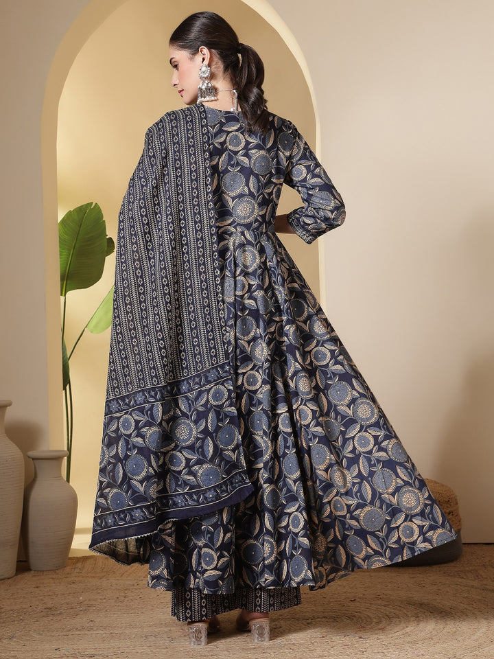 Cotton Printed Embroidered Calf Length Round Neck Anarkali Kurta, Palazzo With Dupatta Set