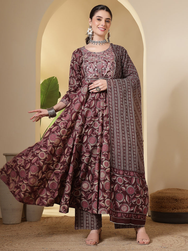 Cotton Printed Embroidered Calf Length Round Neck Anarkali Kurta, Palazzo With Dupatta Set