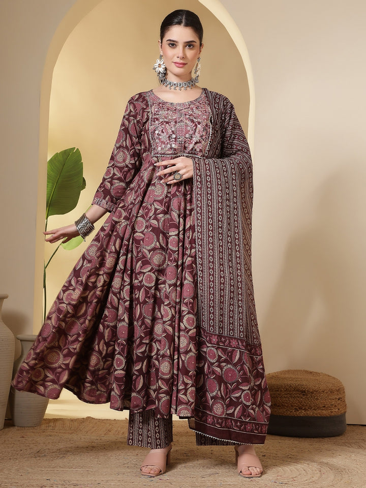 Cotton Printed Embroidered Calf Length Round Neck Anarkali Kurta, Palazzo With Dupatta Set