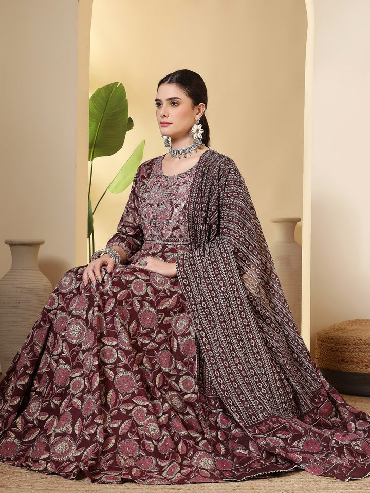 Cotton Printed Embroidered Calf Length Round Neck Anarkali Kurta, Palazzo With Dupatta Set