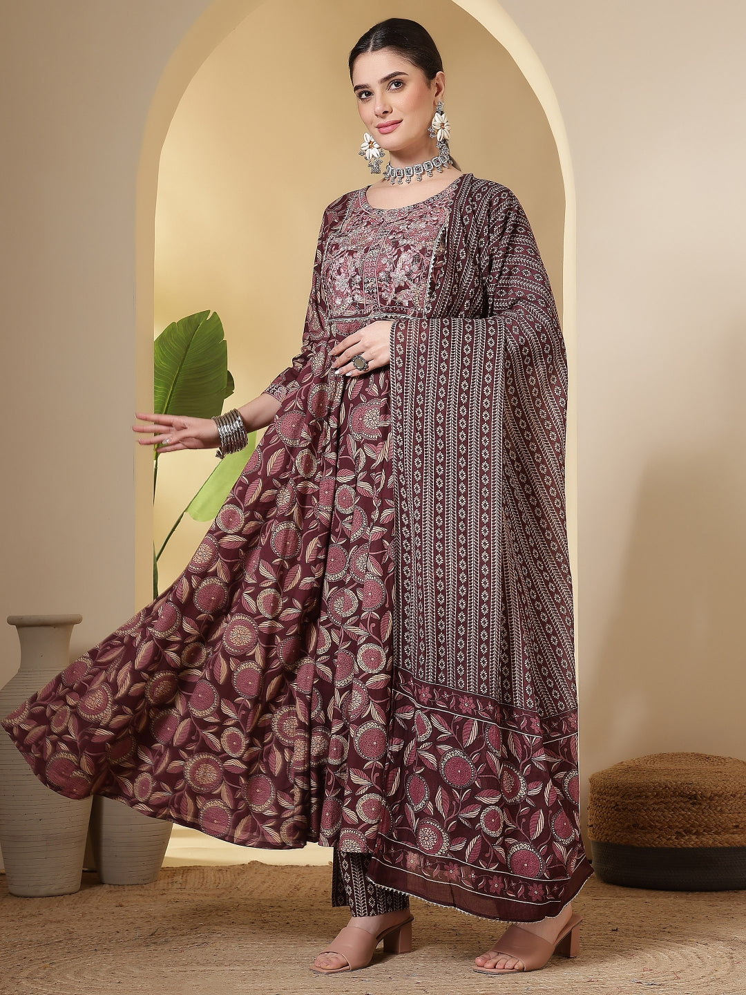 Cotton Printed Embroidered Calf Length Round Neck Anarkali Kurta, Palazzo With Dupatta Set