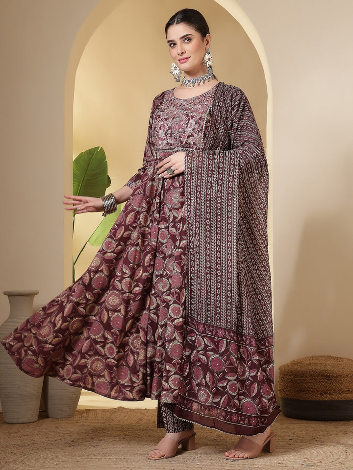 Cotton Printed Embroidered Calf Length Round Neck Anarkali Kurta, Palazzo With Dupatta Set