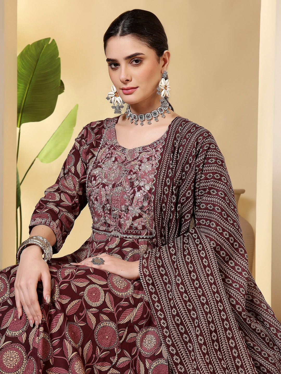 Cotton Printed Embroidered Calf Length Round Neck Anarkali Kurta, Palazzo With Dupatta Set