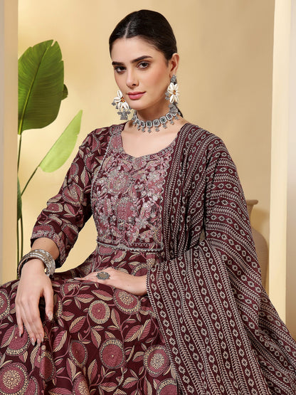 Cotton Printed Embroidered Calf Length Round Neck Anarkali Kurta, Palazzo With Dupatta Set