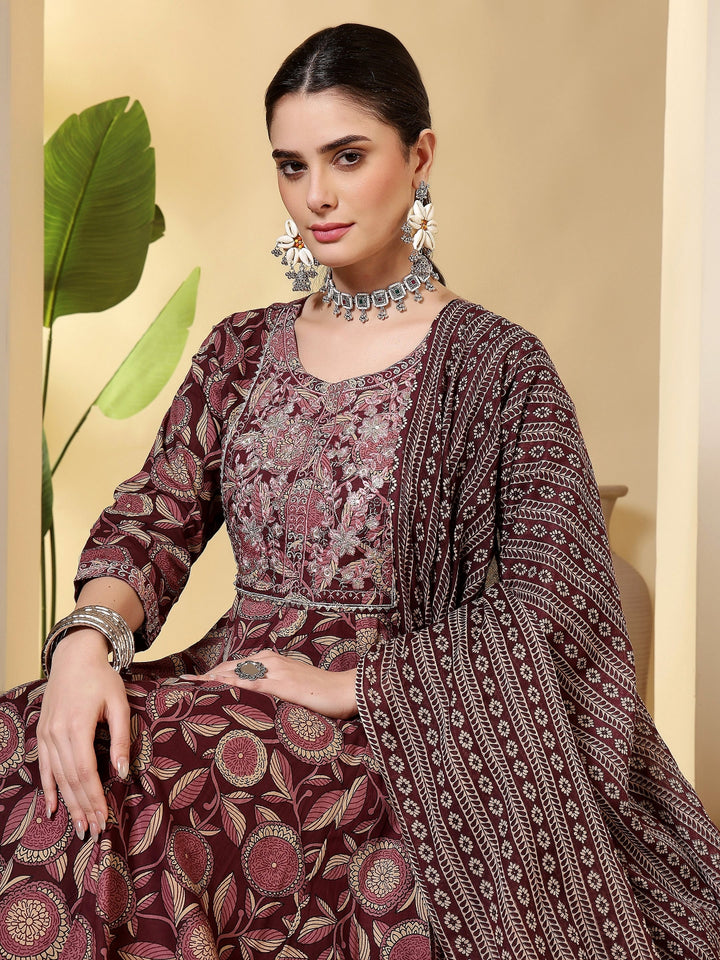 Cotton Printed Embroidered Calf Length Round Neck Anarkali Kurta, Palazzo With Dupatta Set