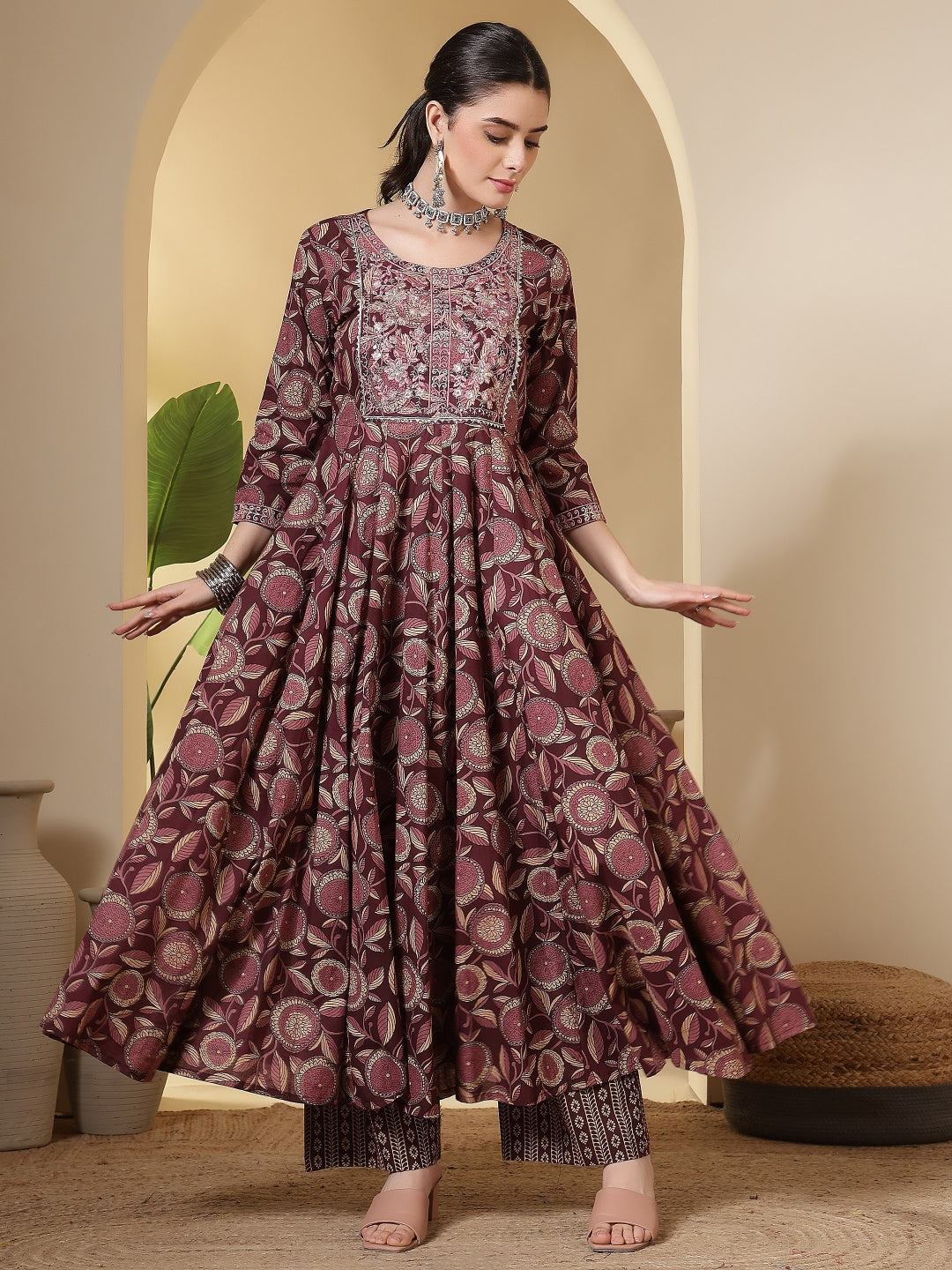 Cotton Printed Embroidered Calf Length Round Neck Anarkali Kurta, Palazzo With Dupatta Set