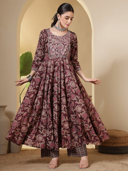 Cotton Printed Embroidered Calf Length Round Neck Anarkali Kurta, Palazzo With Dupatta Set